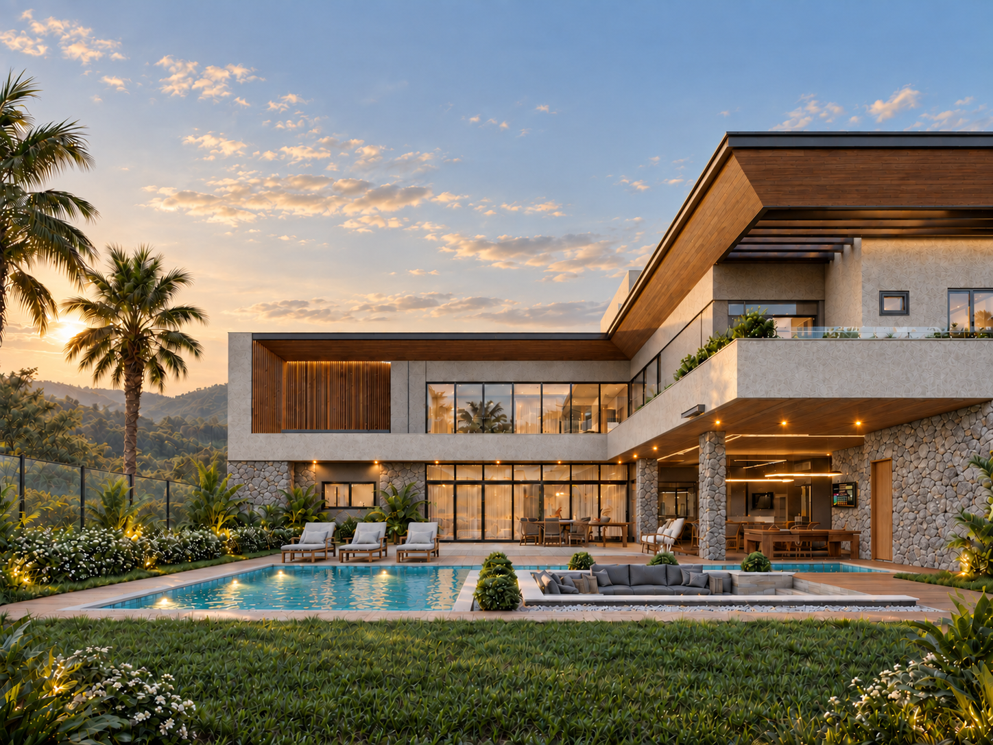 Residência contemporânea com volumes em pedra, madeira e piscina