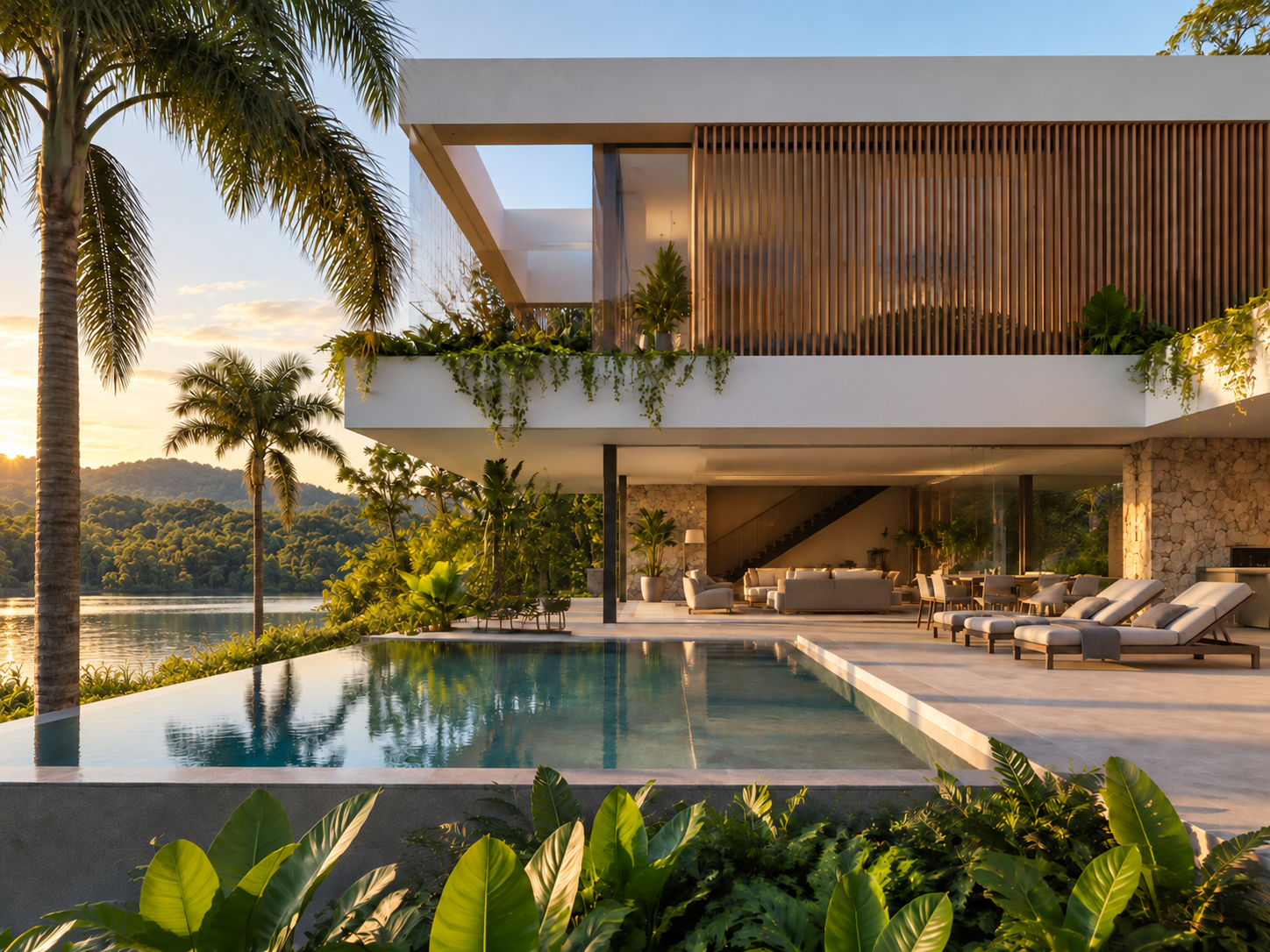 Residência contemporânea com piscina e paisagismo tropical