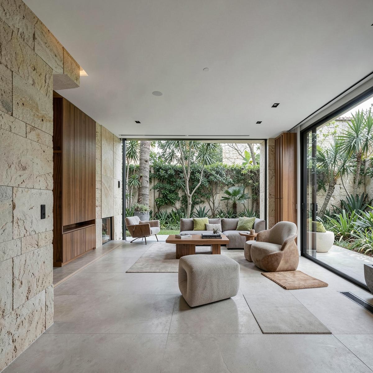 Sala contemporânea integrada ao jardim