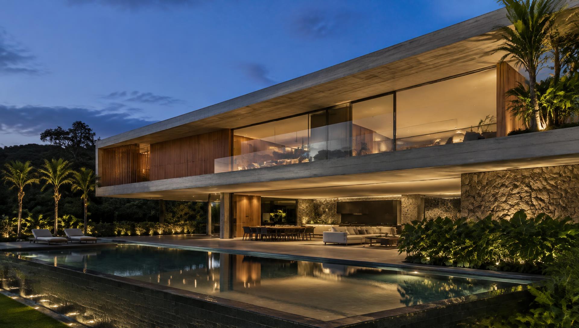 Residência contemporânea de alto padrão ao entardecer