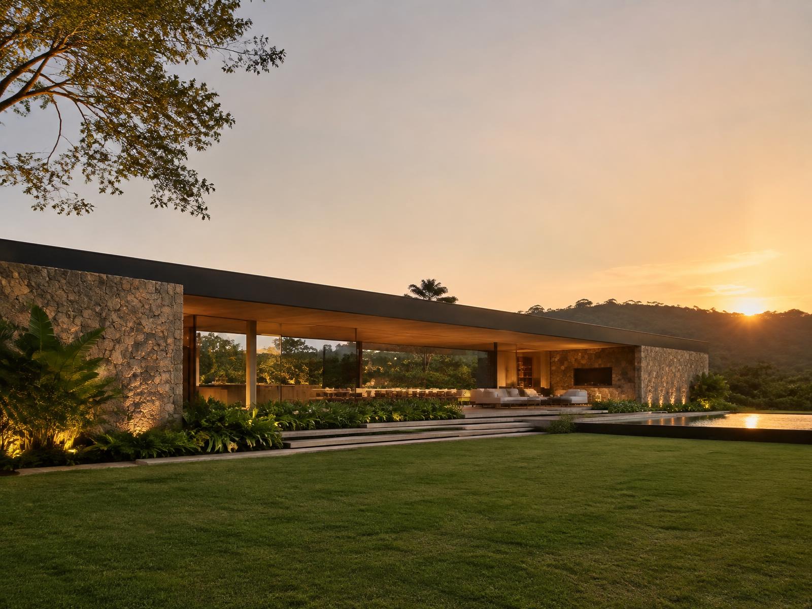 Residência térrea contemporânea ao pôr do sol